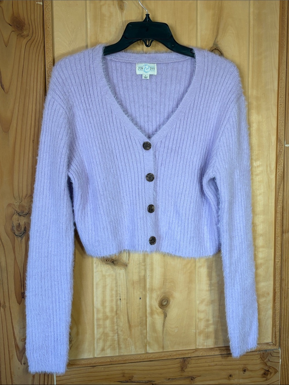June & Ivy Lavender Fuzzy Cropped V-Neck Button Cardigan Sweater